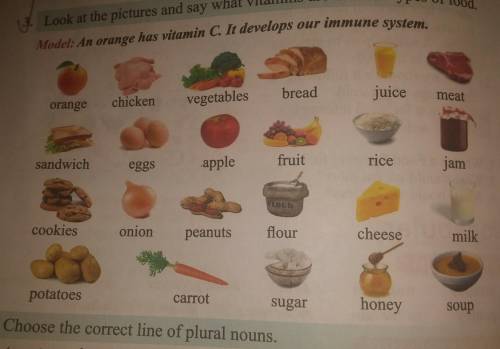 look at the pictures and say what vitamins are in these types of food. Model: An orange has vitamin 