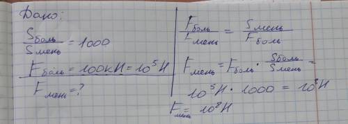 464. Площадь большого поршня пресса в 1000 раз боль- ше площади малого. Какая сила действует на малы
