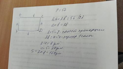 Стороны прямоугольника пропорциональны числам 2 и 5 а его периметр 56 дм Найдите его площадь