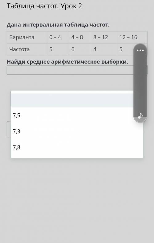 Таблица частот. Урок 2 Дана интервальная таблица частот. Варианта 0 – 4 4 – 8 8 – 12 12 – 16 Частота