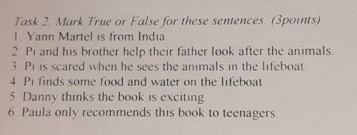 Task 2. Mark True or False for these sentences. (3points) 1. Yann Martel is from India. 2. Pi and hi