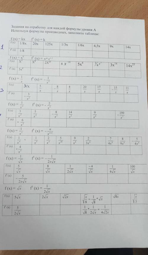Используя формулы производных заполните таблицы