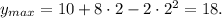 y_{max} = 10 + 8\cdot 2 - 2\cdot 2^2 = 18.