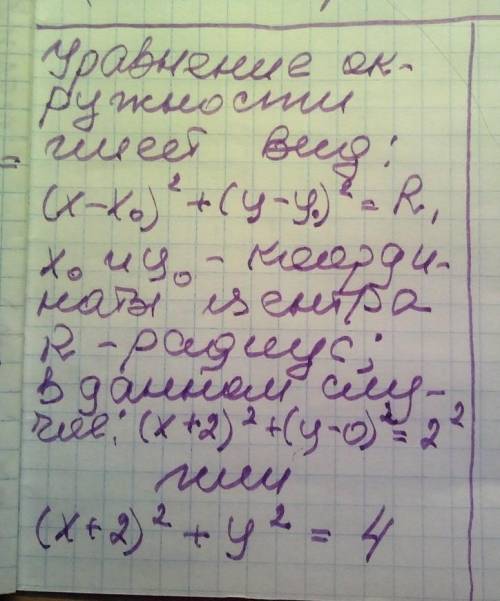 Составить уравнение окружности, если центр находиться в точке M(-2;0), а радиус равен R=2