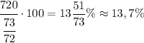 \cfrac{720}{\cfrac{73}{72} } \cdot 100 =13\dfrac{51}{73} \% \approx 13,7 \%