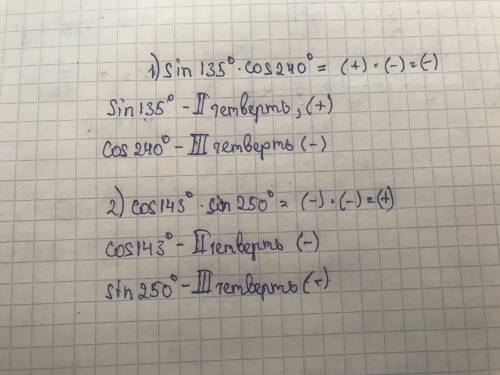 зделать :1)sin135⁰cos240⁰;2)cos143⁰sin250⁰ визначити знак виразу