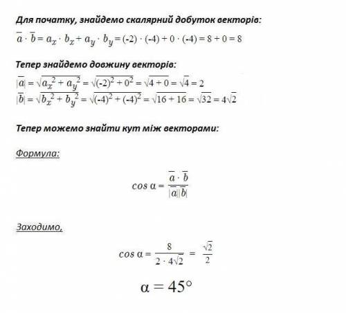 Знайдіть кут між векторами с(-2;0) ; d(-4;-4).