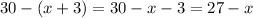 30 - (x + 3) = 30 - x - 3 = 27 - x