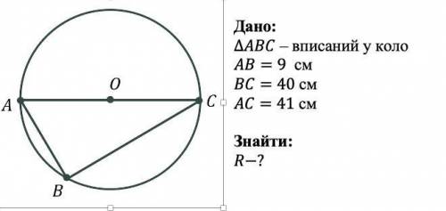 На колі позначено точки A,B i C так, що AB=9 см, BC=40 см, AC=41 см. Знайдіть радіус кола.