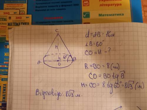 Діаметр основи конуса дорінює 16 м, а твірна нахилена до площини основи під кутом 60 градусов. Чому