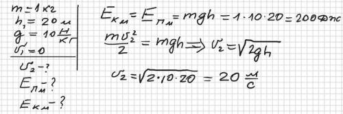 1. Камінь масою 1кг падає з висоти 20м. Визначити швидкість тіла в момент падіння та максимальну пот