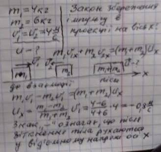 . физика: Два тіла, масами 4 та 6кг, рухаються назустріч одне одному зі швидкістю 4м/скожне. Знайти