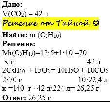 При сгорании пентена выделилось 42 л углекислого газа, сколько пентена сгорело (в г)