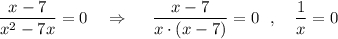 \dfrac{x-7}{x^2-7x}=0\ \ \ \Rightarrow \ \ \ \ \dfrac{x-7}{x\cdot (x-7)}=0\ \ ,\ \ \ \dfrac{1}{x} =0