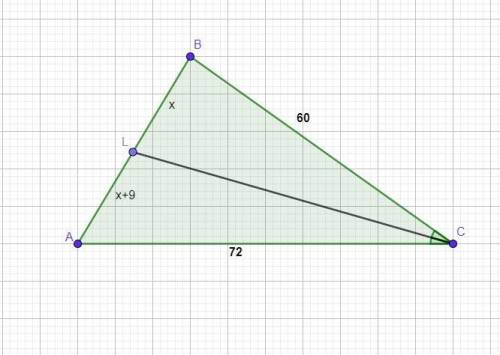 у трикутника abc зі сторонами ас = 72 см і BC = 60 відрізок CL бісектриса відрізок AL на 9 см більше