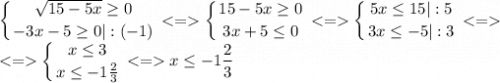 \displaystyle \left \{ {{\sqrt{15-5x} \geq 0} \atop {-3x-5\geq 0|:(-1)}} \right. < = \left \{ {{15-5x\geq 0} \atop {3x+5\leq 0}} \right. < = \left \{ {{5x\leq 15|:5} \atop {3x\leq -5|:3}} \right. < = \\ < = \left \{ {{x\leq 3} \atop {x\leq -1\frac{2}{3} }} \right. < = x\leq -1\frac{2}{3}