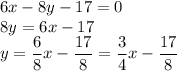 6x-8y-17=0\\8y=6x-17\\y=\dfrac{6}{8}x-\dfrac{17}{8}=\dfrac{3}{4}x-\dfrac{17}{8}