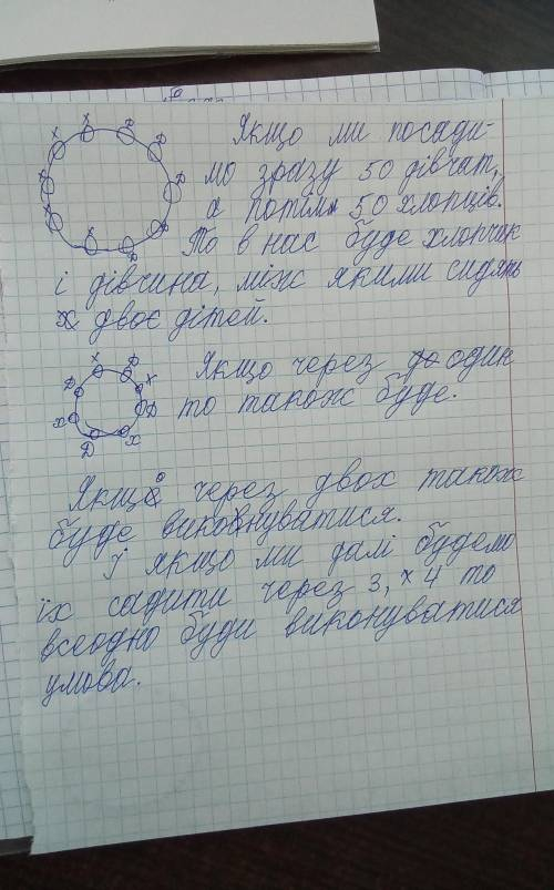 100 дітей сидять по колу: 50 хлопців та 50 дівчат. Доведіть, що буде хлопчик і дівчинка, між яким си