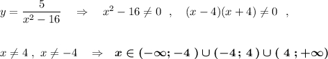 y=\dfrac{5}{x^2-16}\ \ \ \Rightarrow \ \ \ x^2-16\ne 0\ \ ,\ \ \ (x-4)(x+4)\ne 0\ \ ,x\ne 4\ ,\ x\ne -4\ \ \ \Rightarrow \ \ \boldsymbol{x\in (-\infty ;-4\ )\cup (-4\, ;\, 4\, )\cup (\ 4\ ;+\infty )}