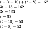 t+(t-10)+(t-8)=162\\3t-18=162\\3t=180\\t=60\\(t-10)=50\\(t-8)=52