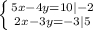 \left \{ {{5x-4y=10}|-2 \atop {2x-3y = -3}|5} \right