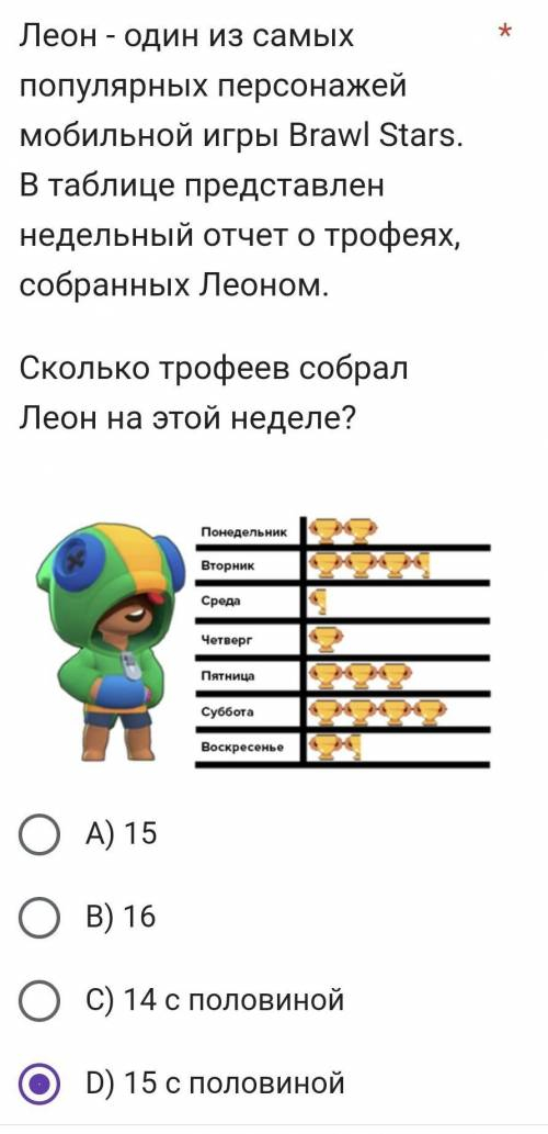 недельный отчет о трофеях, собранных Леоном. Сколько трофеев собрал Леон на этой неделе? Понедельник