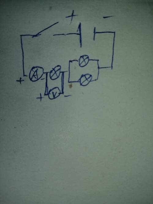 Накресліть схему, яка має джерело, ключ, амперметр, вольтметр та три лампочки. Дві лампочки повинні