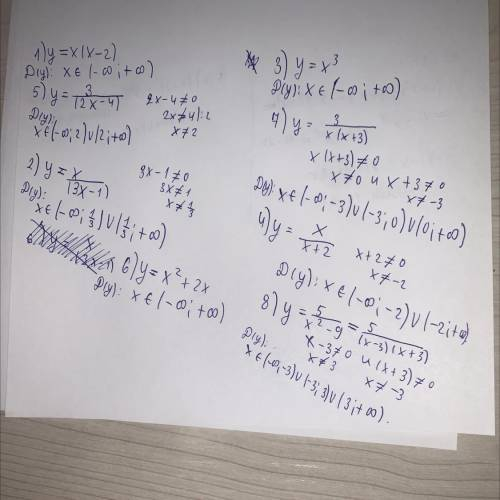 Знайдіть область визначення функції 1) y = x(x - 2)5) y = 3/(2x - 4)2) y = x ^ 2 + 2x6) y = x/(3x -