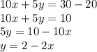 10x + 5y = 30 - 20 \\ 10x + 5y = 10 \\ 5y = 10 - 10x \\ y = 2 - 2x