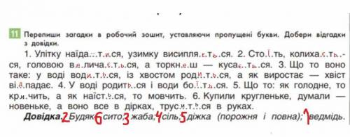 Перепиши загадки в робочий зошит, уставляючи пропущені букви. Добери відгадки з довідки.