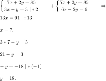 \displaystyle\\\left \{ {{7x+2y=85} \atop {3x-y=3\ |*2}} \right. \ \ \ \ \ \ +\left \{ {{7x+2y=85} \atop {6x-2y=6}} \right. \ \ \ \ \ \ \Rightarrow13x=91\ |:13x=7.3*7-y=321-y=3-y=-18\ |*(-1)y=18.