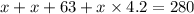 x + x + 63 + x \times 4.2 = 280