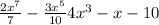 \frac{2x^{7} }{7} - \frac{3x^{5} }{10} + 4x^{3} -x -10