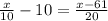 \frac{x}{10} - 10 = \frac{x-61}{20}