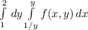 \int\limits^2_1\, dy\int\limits^y_{1/y} {f(x,y)} \, dx