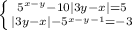 \left \{{{5^{x-y} - 10|3y-x| = 5}\atop{|3y-x| - 5^{x-y-1} = -3 }} \right.