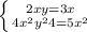 \left \{ {{2+xy=3x} \atop {4x^{2}y^{2}+4 =5x^{2} }} \right.