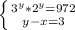 \left \{ {{3^{y}*2^{y}=972} \atop {y-x=3}} \right.
