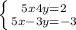 \left \{ {{5x+4y=2} \atop {5x-3y=-3}} \right.