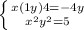 \left \{ {{x(1+y)+4=-4y} \atop {x^{2}+y^{2} =5}} \right.