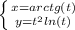 \left \{ {{x=arctg(t)} \atop {y=t^{2} +ln(t)}} \right.