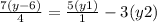  \frac{7(y - 6)}{4} = \frac{5(y + 1)}{1} - 3(y + 2)