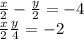  \frac{x}{2} - \frac{y}{2} = - 4 \\ \frac{x}{2} + \frac{y}{4} = - 2