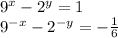  {9}^{x} - {2}^{y} = 1 \\ {9}^{ - x} - {2}^{ - y} = - \frac{1}{6} 