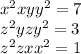  {x}^{2} + xy + {y}^{2} = 7 \\ {z}^{2} + yz + {y}^{2} = 3 \\ {z}^{2} + zx + {x}^{2} = 1 