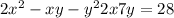  2 {x}^{2} - xy - {y}^{2} + 2x + 7y = 28