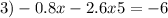  3)- 0.8x - 2.6x + 5 = - 6