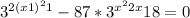 3^{2(x+1)^{2} +1} -87*3^{x^{2} +2x} +18=0