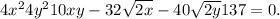4x^2 + 4y^2 + 10xy - 32\sqrt{2x} - 40\sqrt{2y} + 137 = 0.