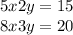 5x + 2y = 15 \\ 8x + 3y = 20 \\ \\ 